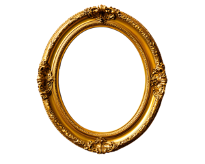Ornate gold frame, empty oval shape on a white isolated background.