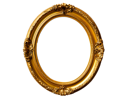 Ornate gold frame, empty oval shape on a white isolated background.