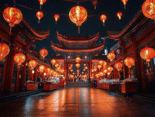 Obraz premium Captivating Chinese New Year temple fair images showcasing traditional performances, food stalls, and decorations