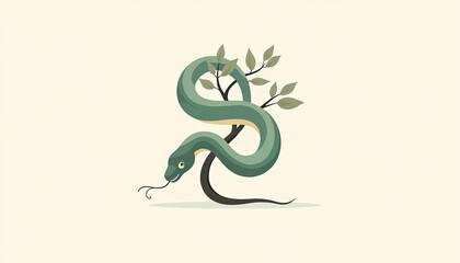 Obraz premium Green Snake Wrapped Around Branch with Leaves