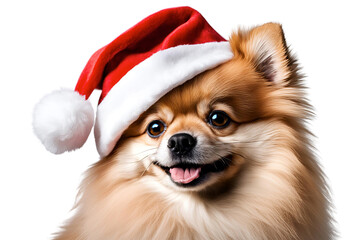 Pomeranian Wearing a Red Christmas Hat on a White Background