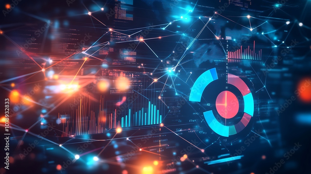 Poster Abstract digital background with glowing lines, graphs, and data.