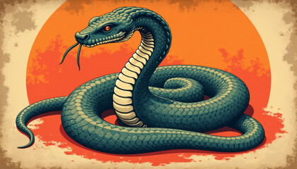 Obraz premium Illustrated Coiled Snake with Vintage Background