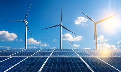 Wind farm and solar panels under a beautiful blue sky with a few clouds.