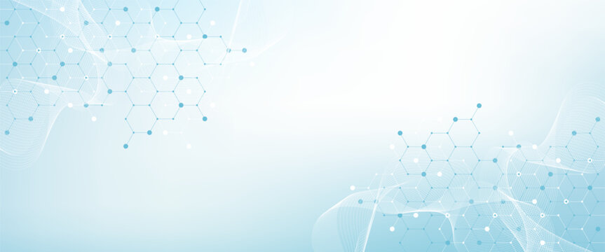 Modern health care or medical background design. Health care innovation concept. Horizontal header web banner. Abstract geometric background with hexagon shapes for medicine, science, chemistry.