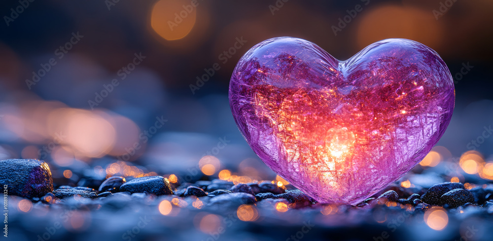 Poster heart-shaped crystal glowing on a pebble surface. a glowing heart-shaped crystal rests on smooth peb