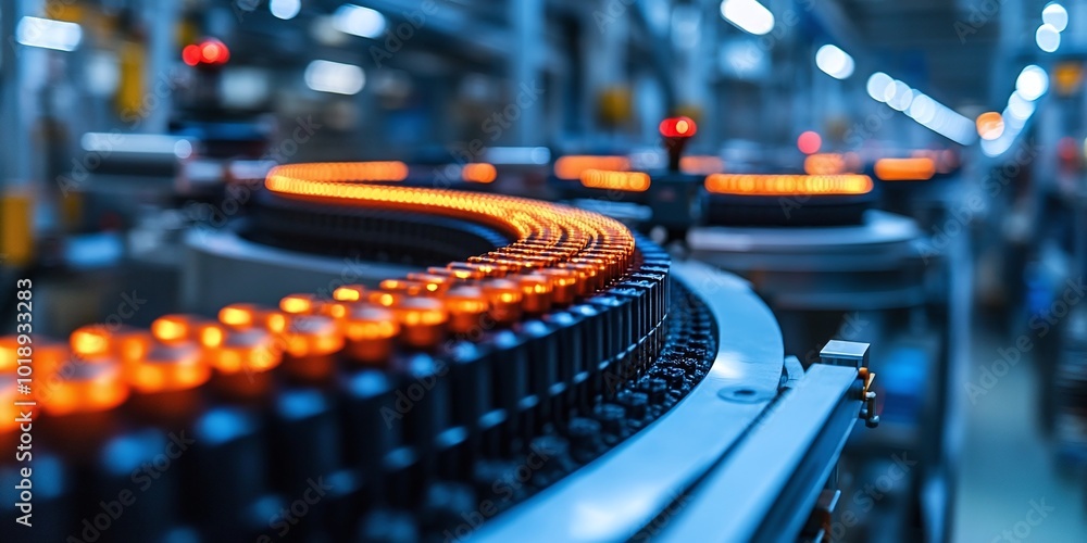 Poster electric vehicle battery cell assembly line in a factory, featuring a close-up view of the automated