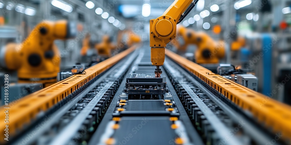 Poster electric vehicle battery cell assembly line in a factory, featuring a close-up view of the automated