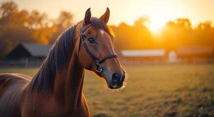 Obraz premium Majestic horse standing in a golden sunset field. A horse gazes into the camera with the warm glow of a sunset illuminating the serene landscape and stable in the background.