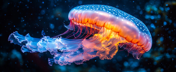 Obraz premium Colorful jellyfish drifting in the ocean. A vibrant jellyfish floats serenely in deep blue water, showcasing its glowing colors and delicate tentacles in a mesmerizing dance.