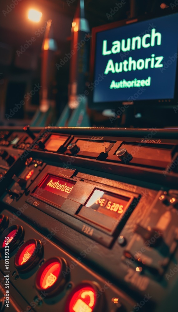 Poster nuclear missile launch panel in control room with authorization display screen