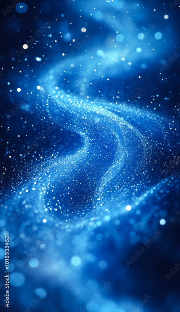 Poster blue cosmic waves with shimmering light particles. a mesmerizing swirl of blue cosmic waves filled w