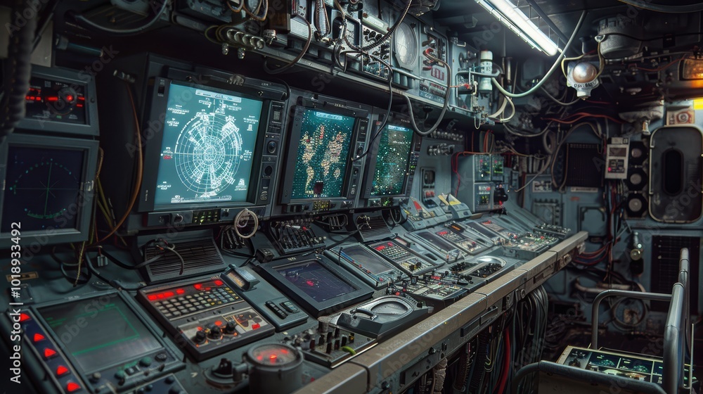 Poster high-tech command center of a nuclear submarine for strategic navigation and monitoring