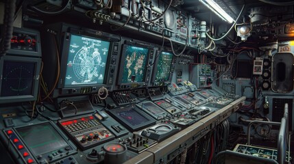 High-Tech Command Center of a Nuclear Submarine for Strategic Navigation and Monitoring