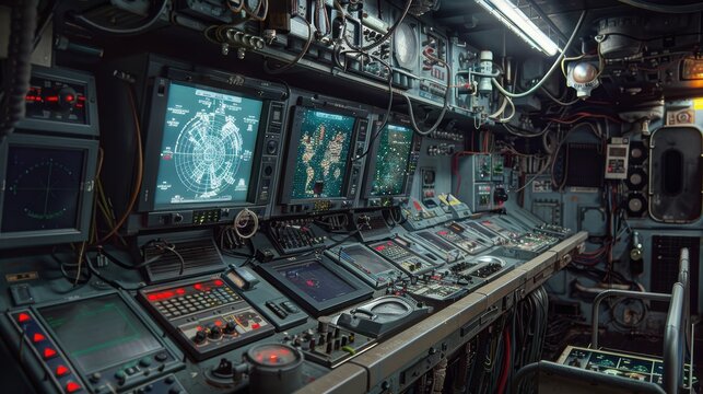 High-Tech Command Center of a Nuclear Submarine for Strategic Navigation and Monitoring