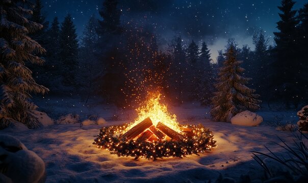 Winter Solstice Bonfires on December 21st: Warming Flames, Yule Logs, and Pinecone Adornments Experience the enchanting glow of bonfires under a starry winter sky