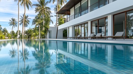 A modern villa with an infinity pool reflecting the sky, surrounded by palm trees and a serene landscape.