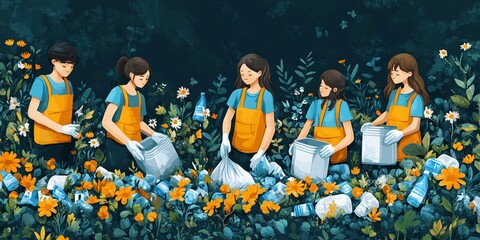 volunteer workers engaged in outdoor charitable work, cleaning up garbage and separating waste as part of an environmental sustainability project, contributing to the community's well-being