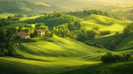 Fototapeta premium Rolling green hills with a village nestled in the valley, lit by the golden light of sunrise.