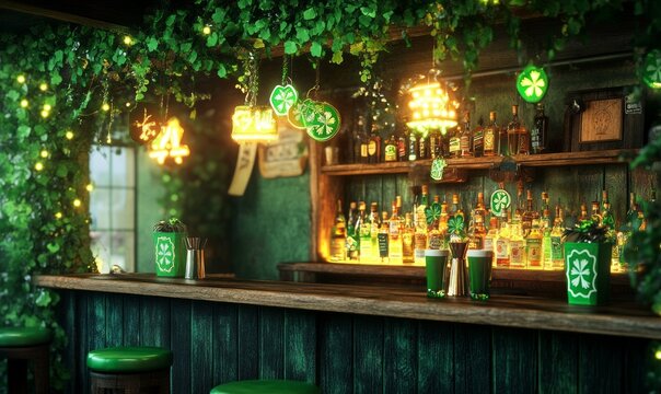 St. Patrick's Day pub with green decorations and drinks