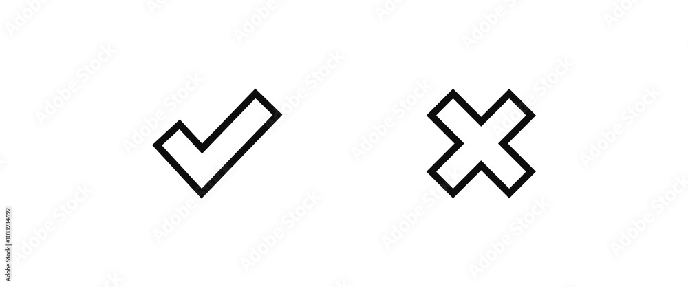 Poster tick, cross signs. checkmark ok red x, marks circle symbols yes no button for vote, check box list. 