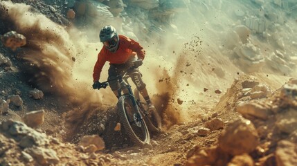 Naklejka premium Intense Downhill Mountain Biker on Rugged Trail - Action and Adventure Sports Photography