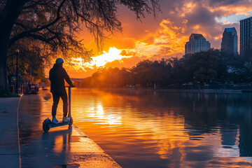 Fototapeta premium A solitary rider glides along the riverside under a stunning golden sunset in a peaceful urban park