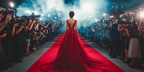 gorgeous woman in an elegant red dress walking down the red carpet, surrounded by photographers at a glamorous movie premiere, capturing the essence of celebrity style and media attention