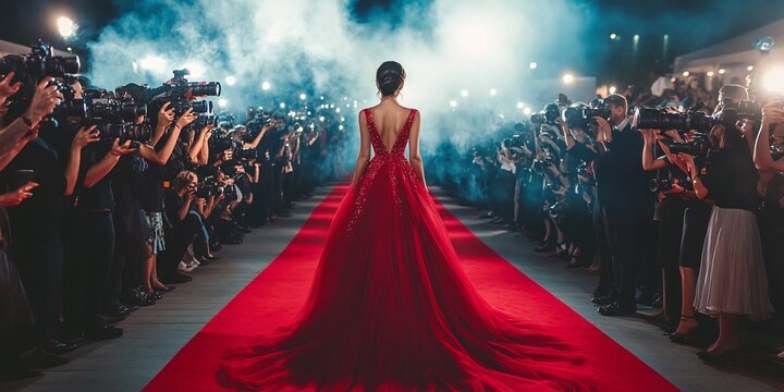 gorgeous woman in an elegant red dress walking down the red carpet, surrounded by photographers at a glamorous movie premiere, capturing the essence of celebrity style and media attention