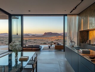 A large open living room with a view of the mountains