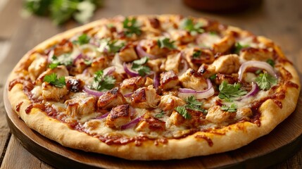 BBQ chicken pizza with red onions, cilantro, and melted cheese
