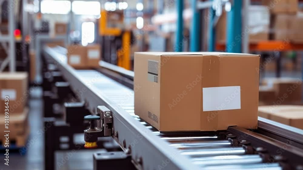Poster cardboard box is being transported on an automated conveyor belt system, signifying efficient logist