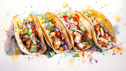 A dynamic watercolor painting showcasing four tacos filled with savory ingredients like chicken, vegetables, and cilantro, exuding a festive and flavorful charm.