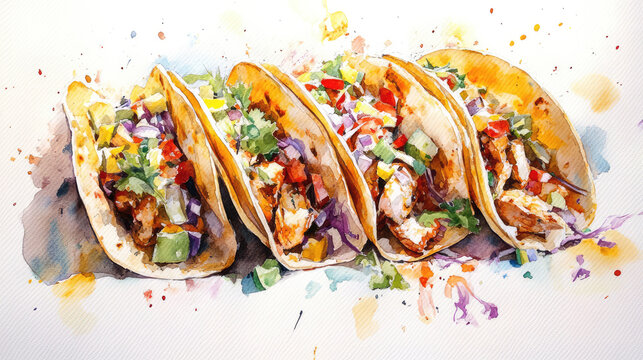 A dynamic watercolor painting showcasing four tacos filled with savory ingredients like chicken, vegetables, and cilantro, exuding a festive and flavorful charm.