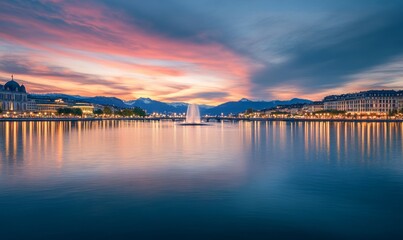 Fototapeta premium Tranquil evening panorama of Geneva with famous