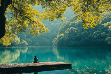 A tranquil afternoon by the lake as a person unwinds on a wooden dock surrounded by lush greenery and calm waters