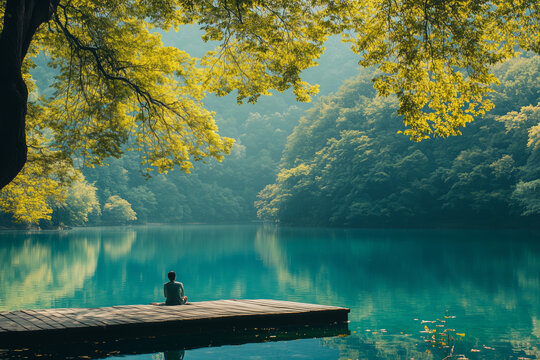 A tranquil afternoon by the lake as a person unwinds on a wooden dock surrounded by lush greenery and calm waters