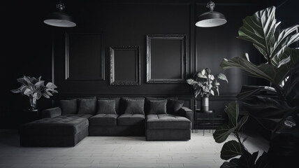 Modern Black Living Room Interior Design with Sectional Sofa and Plants
