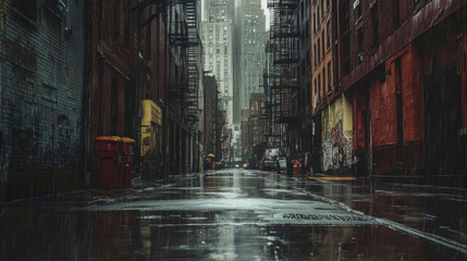 A rainy city street with a lot of graffiti on the buildings