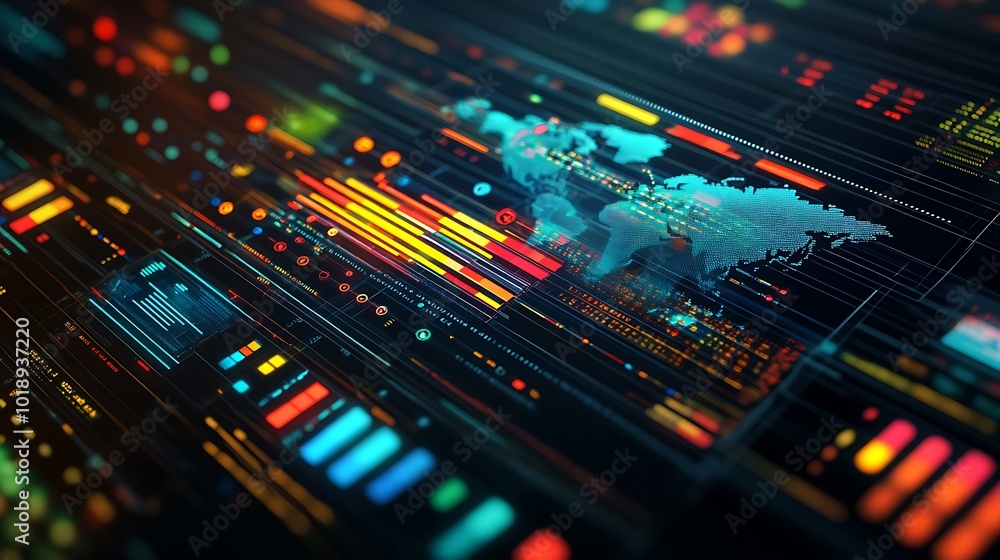 Poster Futuristic digital interface with a world map and glowing lines.