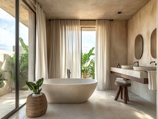 Fototapeta premium A bathroom with a white bathtub and a plant in a basket