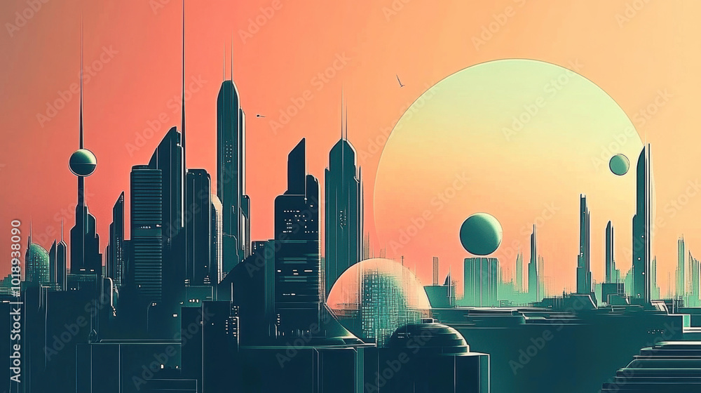 Wall mural a cityscape with a large sun in the background