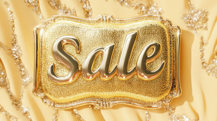 A glamorous and luxurious 'Sale' sign in gold is set against an ornate, textured background, representing exclusivity and elegance in this striking digital artwork.