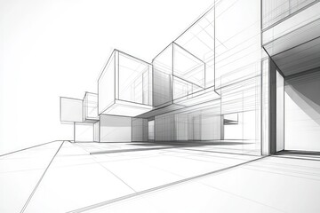 modular architecture with an abstract facade in 3D perspective line art.