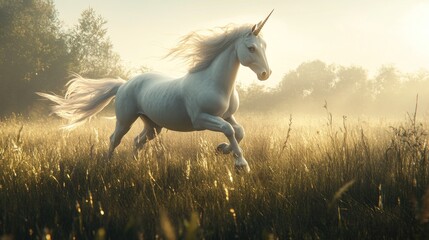 Obraz na płótnie Canvas Magical Unicorn Galloping Through a Misty Meadow