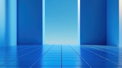Empty blue room with geometric lines on the floor and walls, creating a sense of depth and perspective.