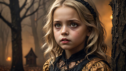 frightened cute girl on the eve of Halloween. portrait of a blonde girl on a Halloween background