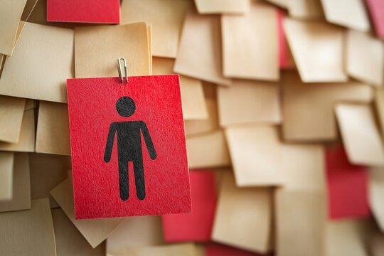 Red paper cutout of figure pinned among yellow notes.