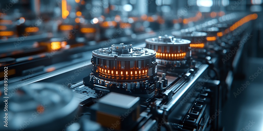 Poster factory assembly line producing electric vehicle battery cells, with a close-up view of the automate
