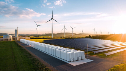 Renewable Energy Power Plant with Wind Turbines and Solar Panels at Sunset